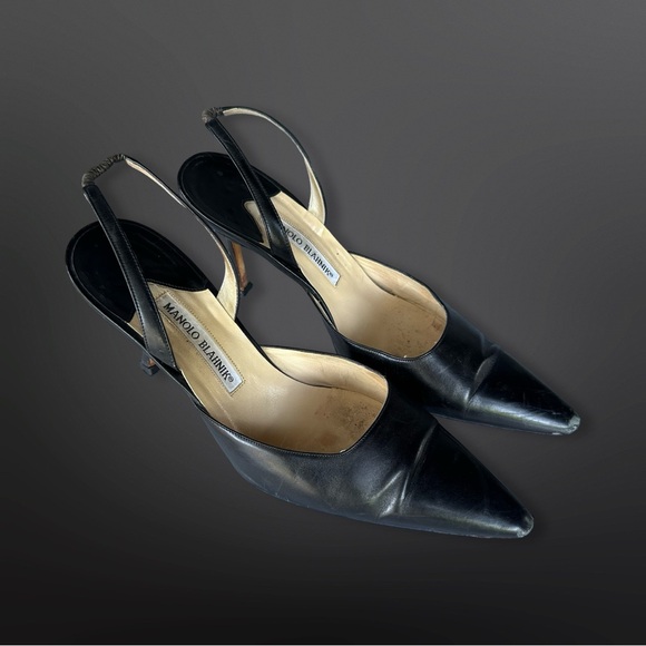 Vintage Manolo Blahnik Black Leather Carolyne Slingback Pumps Heels Sz 8.5 / 39 - Picture 3 of 11